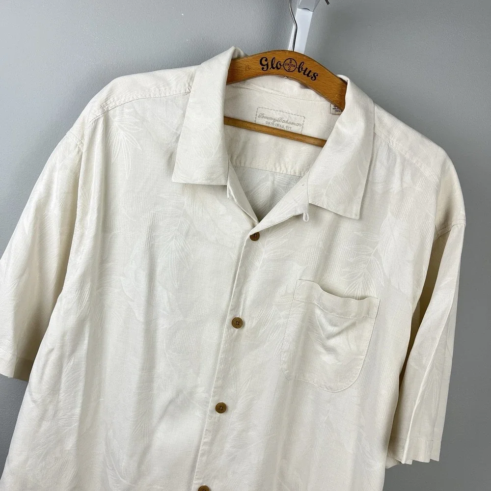 Tommy Bahama Silk Shirt Mens 3XL Ivory Jacquard Leaf Feather Short Sleeve